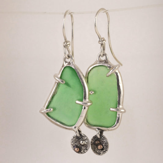 Handmade sea glass dangle earrings with sterling silver setting and charm