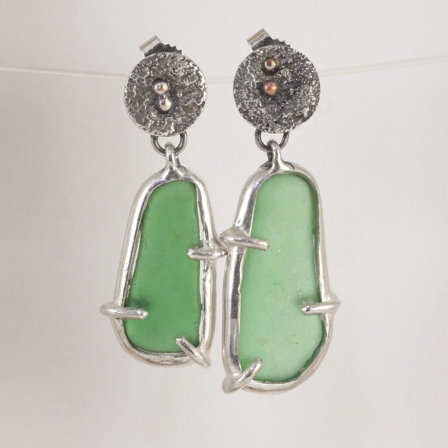 Green sea glass dangle stud earrings handmade in sterling silver