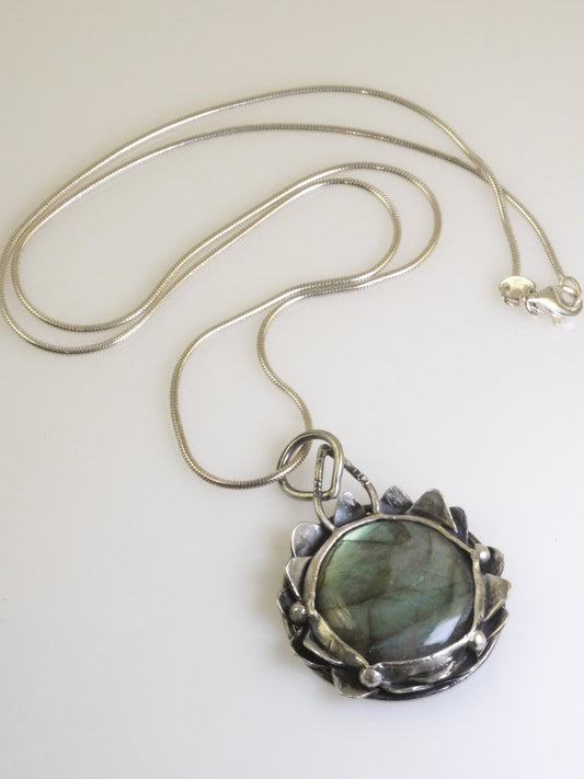 Handmade labradorite waterlily pendant in sterling silver