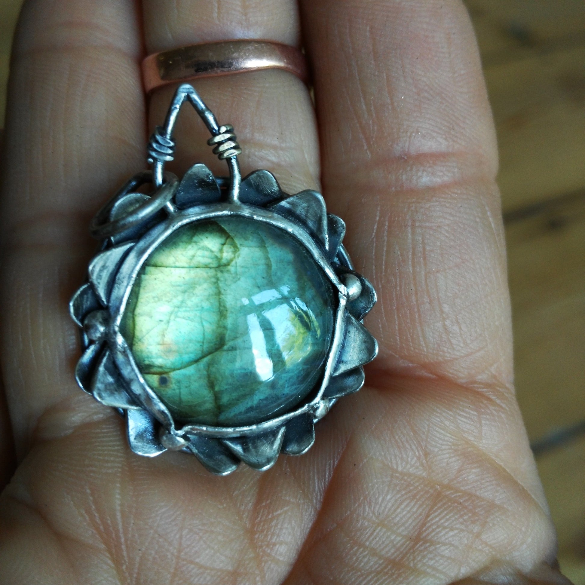 Artisan waterlily pendant with green labradorite stone