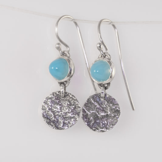 Handmade silver ripple earrings with blue chalcedony cabochons by VerdeRame Jewels