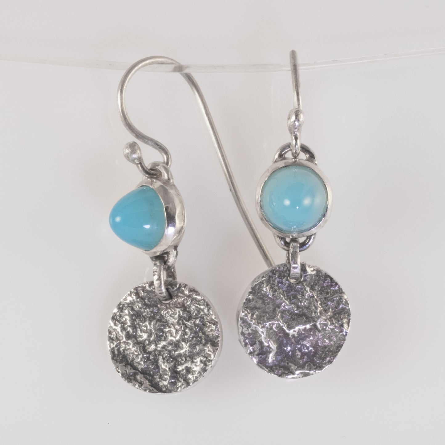 Reticulated sterling silver dangle earrings with sea-blue chalcedony