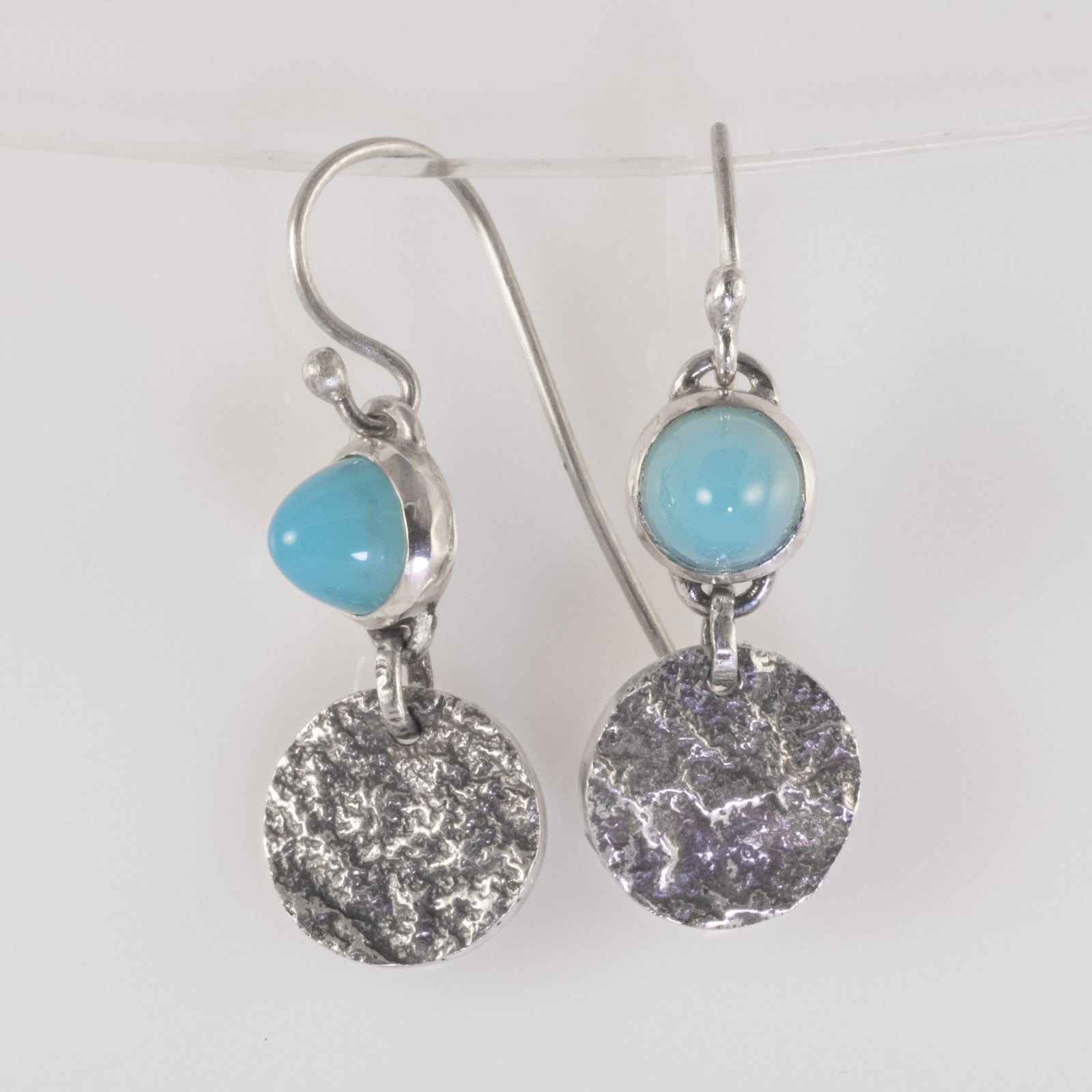 Reticulated sterling silver dangle earrings with sea-blue chalcedony