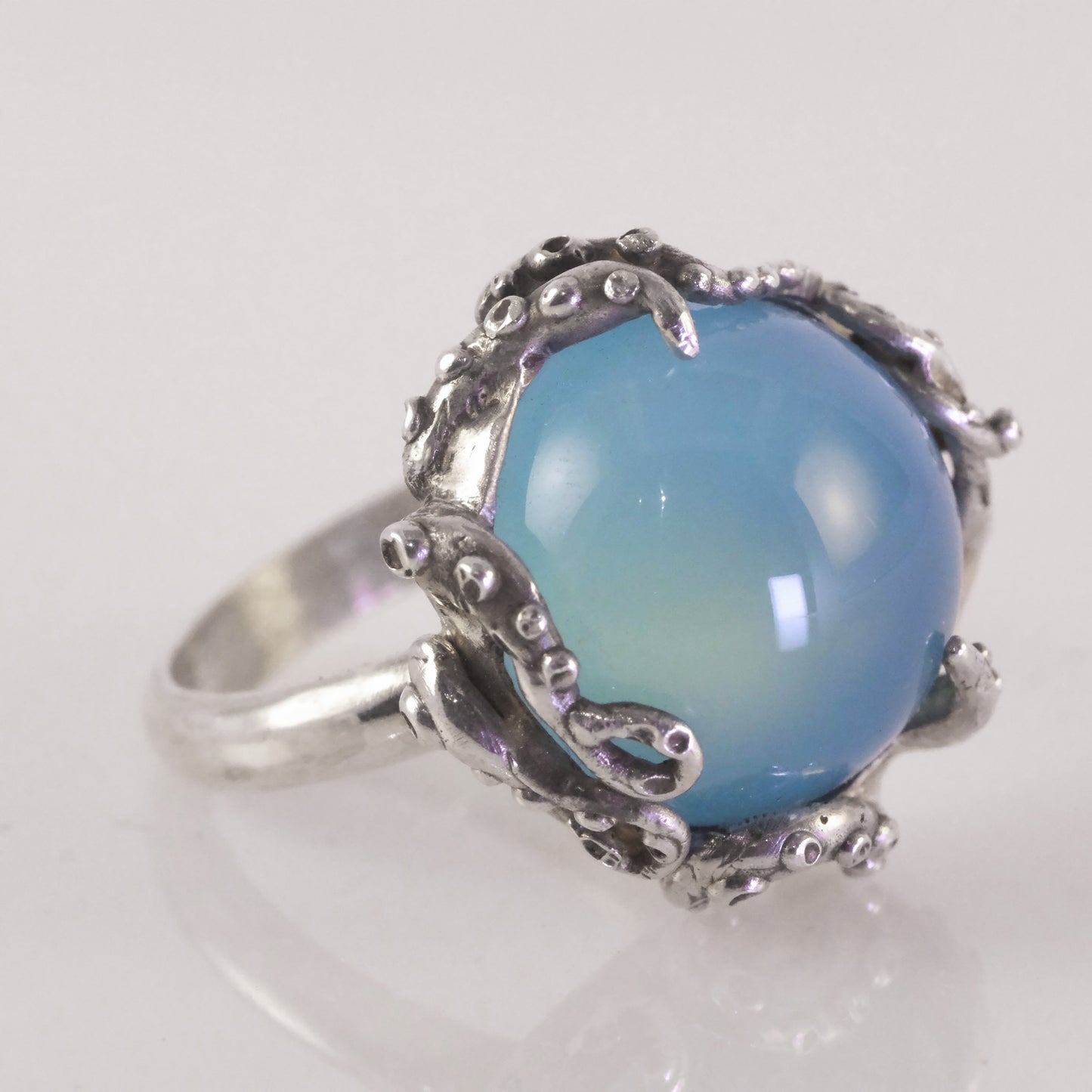 Handmade sterling silver octopus ring with blue chalcedony cabochon by VerdeRame Jewels