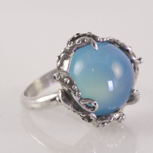 Handmade sterling silver octopus ring with blue chalcedony cabochon by VerdeRame Jewels