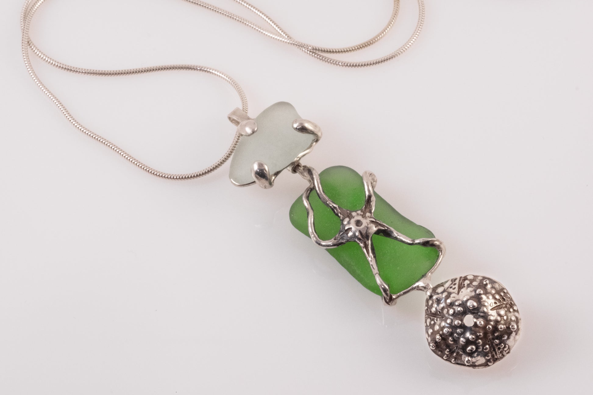 Double sided sea glass starfish pendant -handmade silver ocean jewellery